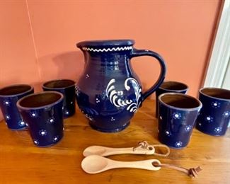 German Pottery Pitcher With 6 Mugs