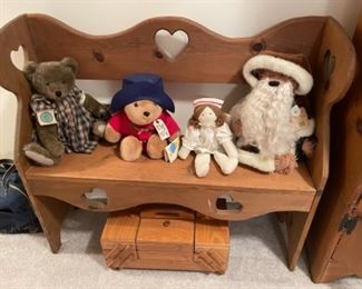Small Wooden Bench With Collectible Bears