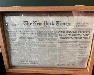 New York Times June 15, 1934 Newspaper in Shadow box