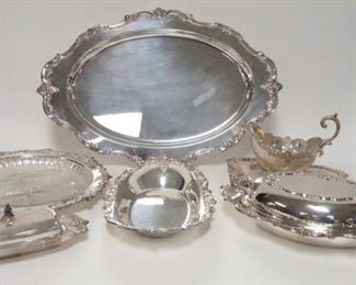 1005	TOWLE *EL GRANDE* SILVER PLATED SERVING PIECES, 20 1/2 IN TRAY, ROUND PLATE W/DIVIDED GLASS INSERT, SAUCE BOAT W/UNDERPLATE, BUTTER DISH, BREAD TRAY, & COVERED SERVING BOWL W/DIVIDED GLASS INSERT
