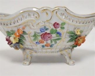 1011	DRESDEN OVAL FOOTED BOWL W/APPLIED FLOWERS, OPEN EDGE, HAND PAINTED FLOWERS & GOLD TRIM, COUPLE OF NICKS ON THE FLOWER PETALS, 12 3/4 IN X 8 1/4 IN
