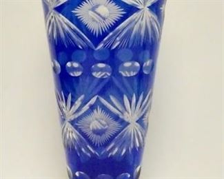 1016	VERY TALL COBALT BLUE CUT TO CLEAR CRYSTAL VASE, 16 IN HIGH
