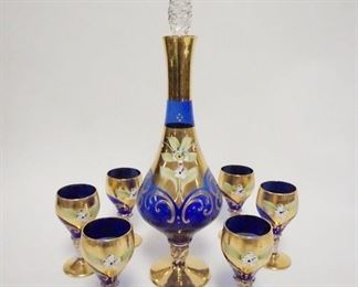 1035	ITALIAN BLOWN GLASS 7 PIECE CORDIAL SET, COBALT BLUE W/GOLD TRIM & APPLIED CERAMIC FLOWERS
