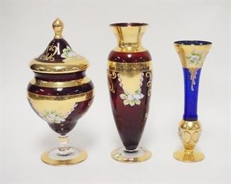 1037	3 PIECE ITALIAN BLOWN GLASS, 2 VASES & A COVERED CANDY JAR, 2 RUBY, ONE COBALT BLUE, TALLEST 9 1/2 IN
