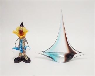 1038	2 PIECE HAND MADE GLASS FIGURES, SWEDISH SAILBOAT AND AN ITALIAN CLOWN, BOAT  IS RONNEBY, SWEDEN, CLOWN MADE IN MURANO, SAILBOAT IS 9 1/8 IN HIGH
