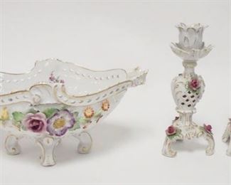 1045	3 PIECE PORCELAIN LOT, VON SHIERHOLZ FOOTED BOWL, 11 IN W/CHIPS ON THE FLOWERS & A PAIR OF CAPODIMONTE CANDLESTICKS
