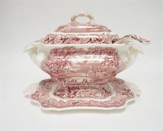 1046	MASON'S VISTA RED TRANSFER TUREEN, HAS LADLE & UNDERPLATE, UNDERPLATE IS 15 IN ACROSS THE HANDLES, 10 1/2 IN HIGH
