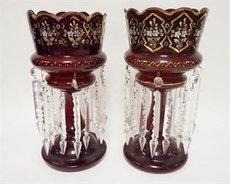 1047	PAIR OF RUBY GLASS HAND PAINTED LUSTERS W/CUT PRISMS, 14 1/4 IN HIGH
