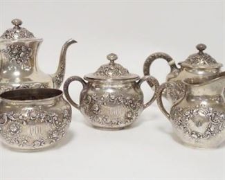 1048	GORHAM STERLING SILVER 5 PIECE TEA & COFFEE SET #A3550, MONOGRAMMED, CREAMER HAS A DENT ON THE MONOGRAM, TALLEST POT IS 7 1/4 IN, 44.77 TOZ
