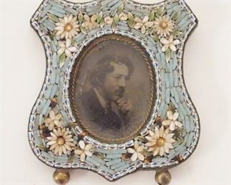 1071	MINIATURE MICROMOSAIC FRAME W/OLD PHOTO, STANDER IS MISSING, SHIELD FORM, 1 3/4 IN X 2 IN
