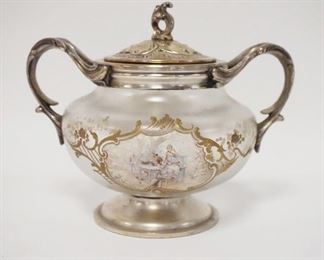 1082	HAND PAINTED VICTORIAN SUGAR BOWL W/ORNATE METAL MOUNTS, 5 1/2 IN HIGH
