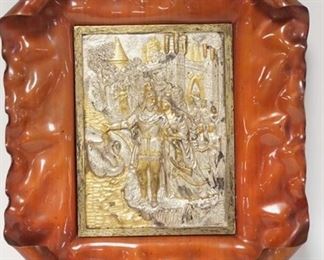 1085	UNUSUAL RELIEF METAL PLAQUE, GOLD & SILVER GILT DEPICTING A MAN, WOMAN, CASTLE, SWAN, ETC, 11 IN X 12 1/2 IN
