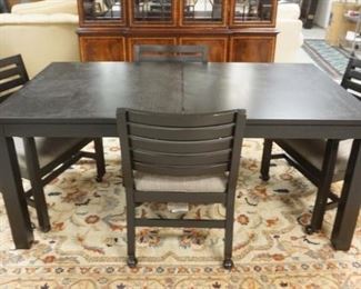 1093	ETHAN ALLEN 5 PIECE DINETTE SET *MIDTOWN*, EBONIZED OAK, HAS 2-20 IN LEAVES, 4 ARM CHAIRS, TABLE IS 70 IN X 38 IN CLOSED
