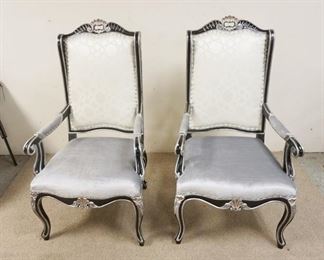 1110	PAIR OF PAINTED DECORATED ARM CHAIRS, UPHOLSTERD SEATS, BACK & ARM RESTS, HAVE CRYSTAL UPHOLSTERY TACKS
