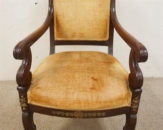 1111	BRONZE MOUNTED CARVED ARM CHAIR, HAS SCROLL ARM SUPPORTS, UPHOLSTERED SEAT & BACK
