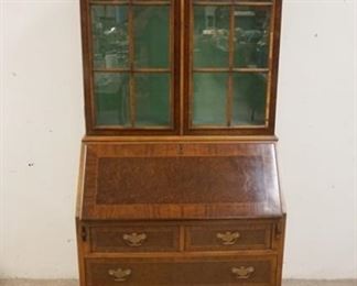 1119	SCANDIA INLAID SLANT FRONT SECRETARY, BOOKCASE TOP, PAD FEET & SHELL CARVED KNEES, 2 PIECE, SOME MOLDING LOSS AT THE TOP, 74 IN HIGH X 31 IN WIDE X 17 IN DEEP
