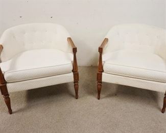 1128	PAIR OF BARREL BACK UPHOLSTERED ARM CHAIRS, SOME STAINING ON UPHOLSTERY
