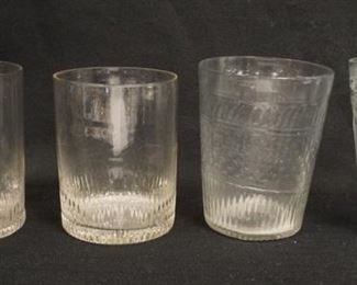 1138	4 MOLD BLOWN FLIP GLASSES, ONE IS ETCHED AT THE TOP RIM, 2 ON THE RIGHT ARE FLINT, 4 1/4-5 IN HIGH
