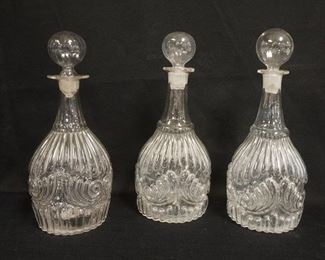 1139	3 MOLD BLOWN DECANTERS W/HOLLOW BLOWN STOPPERS & ROUGH PONTILS, 11 1/2 IN
