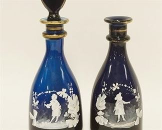 1141	2 COBALT BLUE BLOWN DECANTERS W/*MARY GREGORY* TYPE DECORATION, POLISHED PONTILS, ONE STOPPER MISSING, BOTTLE W/STOPPER IS 10 3/4 IN

