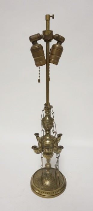 1145	ENGRAVED BRASS FAT LAMP, ELECTRIFIED, CORD CUT, 22 1/2 IN HIGH

