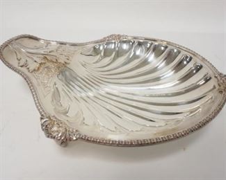 1146	SILVER PLATED SHELL DISH *OLD ENGLISH REPRODUCTION MADE BY PETER MITCHELL, LONDON ESPECIALLY FOR MARTIN L HORN, WEST ORANGE, NJ*, SILVER ON COPPER, 10 1/4 IN X 12 1/2 IN
