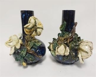 1154	PAIR OF POTTERY VASES W/APPLIED ROSES, CHIPPED LEAVES ON ONE, OTHER HAS MINOR NICKS, 11 1/2 IN HIGH

