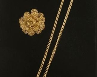 1173	MIRIAM HASKET FILLIAGRE PIN AND MEDALLION NECKLACE, NECKLACE IS 23 IN LONG AND MEDALLION IS 2 IN WITH PAINTED FLORAL MOTIF. CLASP ON NECKLACE LOOKS TO BE REPLACED

