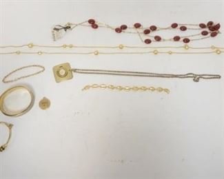 1200	JEWELRY LOT INCLUDING 2 BANGLE BRACELETS, AMBER BEADED NECKLACE, RCA MEDALLION, FROG PIN, GOLD BALL NECKLACE
