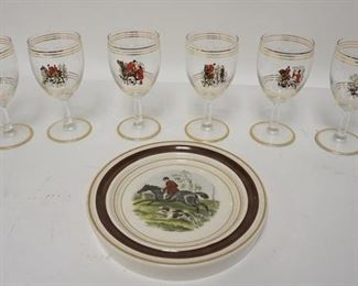1216	STAFFORDSHIRE HOT PLATE & 6 GOBLETS W/HUNT SCENES, GOBLETS 5 3/4 IN, HOT PLATE IS 7 3/4 IN & MARKED STAFFORDSHIRE FINE CERAMIC, ONE GOBLET HAS A RIM NICK
