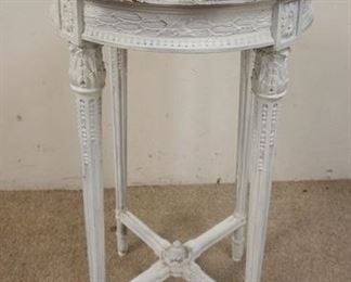 1220	CARVED TABLE W/PURPLE MARBLE TOP, PAINTED WHITE, 18 IN DIAMETER X 30 3/4 IN HIGH
