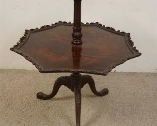 1221	CARVED MAHOGANY 2 TIER STAND, HEXAGONAL, 29 IN HIGH
