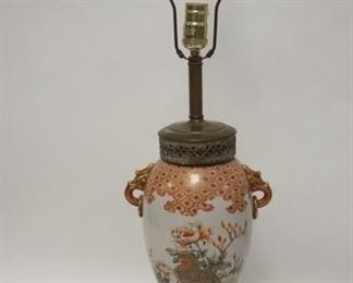1246	HAND PAINTED ASIAN LAMP, BIRD IN A FLOWERING TREE, FIGURAL HANDLES, 34 1/4 IN HIGH
