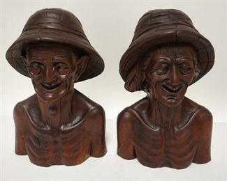 1259	2 ASIAN CARVED WOODEN BUSTS, CHARACTER SIGNED, 13 IN HIGH
