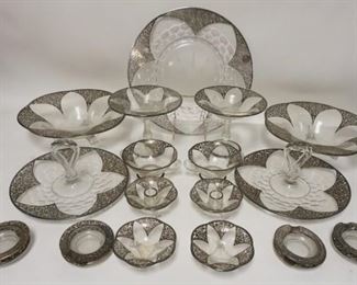 1264	21 PIECE SILVER OVERLAY GLASSWARE, LARGE PLATTER W/CUT DESIGN IS 14 IN
