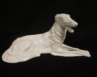 1281	ROYAL DUX WHITE PORCELAIN BORZOI DOG, RECLINIG, 13 IN X 6  IN
