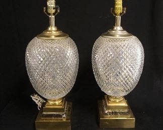 1289	PAIR OF HEAVY CUT GLASS TABLE LAMPS ON MARBLE & BRASS BASES, 35 IN OVERALL
