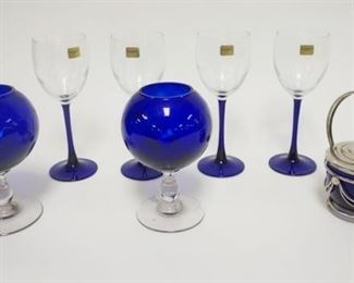 1302	7 PIECE LOT W/COBALT BLUE GLASS, 4 LUMINARE GOBLETS W/BLUE BASES, 2 PV FRANCE ROSEBOWLS W/CRYSTAL FEET & SAUCE BOWL IN CHROME HOLDER W/GLASS SPOON
