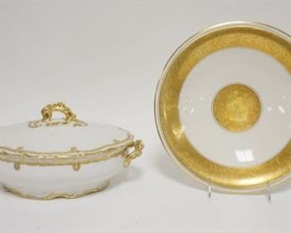 1304	2 PIECE PORCELAIN W/GOLD TRIM, ELITE LIMOGES OVAL COVERED SERVING BOWL, 11 1/2 IN ACROSS THE HANDLES & LINDNER 11 IN PLATE W/ELABORATE GOLD DESIGN
