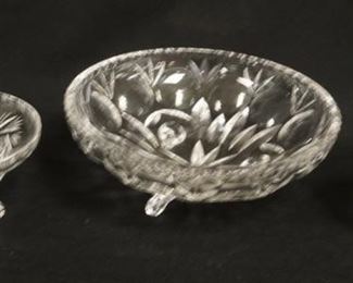 1305	3 PIECE CUT CRYSTAL W/WATERFORD MUSTARD JAR & 2 FOOTED BOWLS, LARGEST IS 8 1/4 IN
