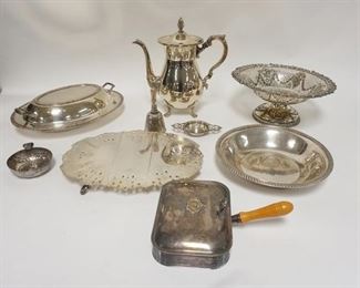 1319	LOT OF SILVER PLATE W/SERVING PIECES, ETC, TEAPOT IS 10 1/4 IN

