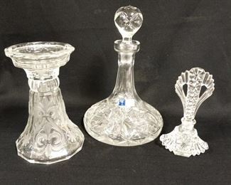 1339	3 PIECE CRYSTAL LOT; DECANTER, CANDLE HOLDER, & PERFUME BOTTLE. TALLEST IS 10 3/4 IN H 
