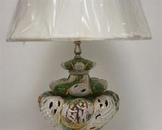 1346	CAPO DI MONTE STYLE LAMP HAS BRASS DOLPHIN BASE, 33 IN H 
