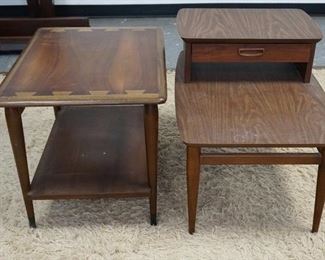 1351	2 MID CENTURY MODERN LANE END TABLES, ONE W/ VISIBLE DOVETAILS,  ONE STEP BACK W/ DRAWER. DOVETAILED TABLE HAS SOME SCRATCHES ON THE TOP
