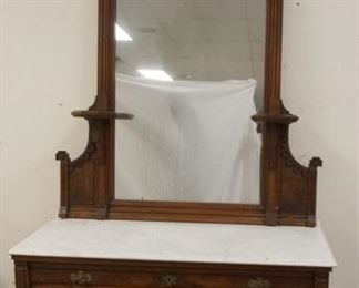 1361	CARVED HIGH BACK MARBLE TOP DRESSER W/ MIRROR. 89 1/2 IN H, 45 1/2 IN W
