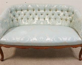 1365	SCROLL FOOT UPHOLSTERED LOVE SEAT AQUA BROCADE W/ TUFTED BACK 50 IN W
