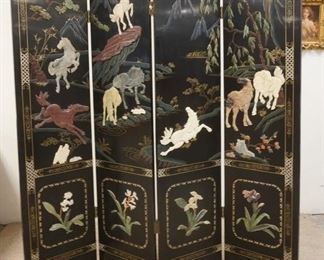1370	4 PART ASIAN FOLDING SCREEN, HAND PAINTED W/ RELIEF DECORATIONS OF HORSES, BACK IS ALSO DECORATED. EACH PANEL IS 16 IN W 72 IN H 
