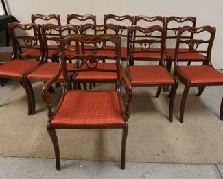 1371	11 MAHOGANY DINING CHAIRS, 1 ARM AND 10 SIDE. 
