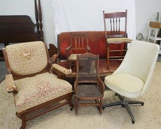 1374	6 PIECE FURNITURE LOT, 2 PIECE VICTORIAN PARLOR SET, SOFA IS 57 IN WIDE, AS FOUND, 2 CHILDS ROCKERS, SPINDEL BACK CHAIR & MODERN SWIVEL CHAIR
