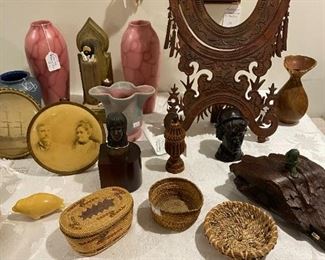 antique German picture/mirror frame; Bretby Art pottery vases ; Denver white pottery